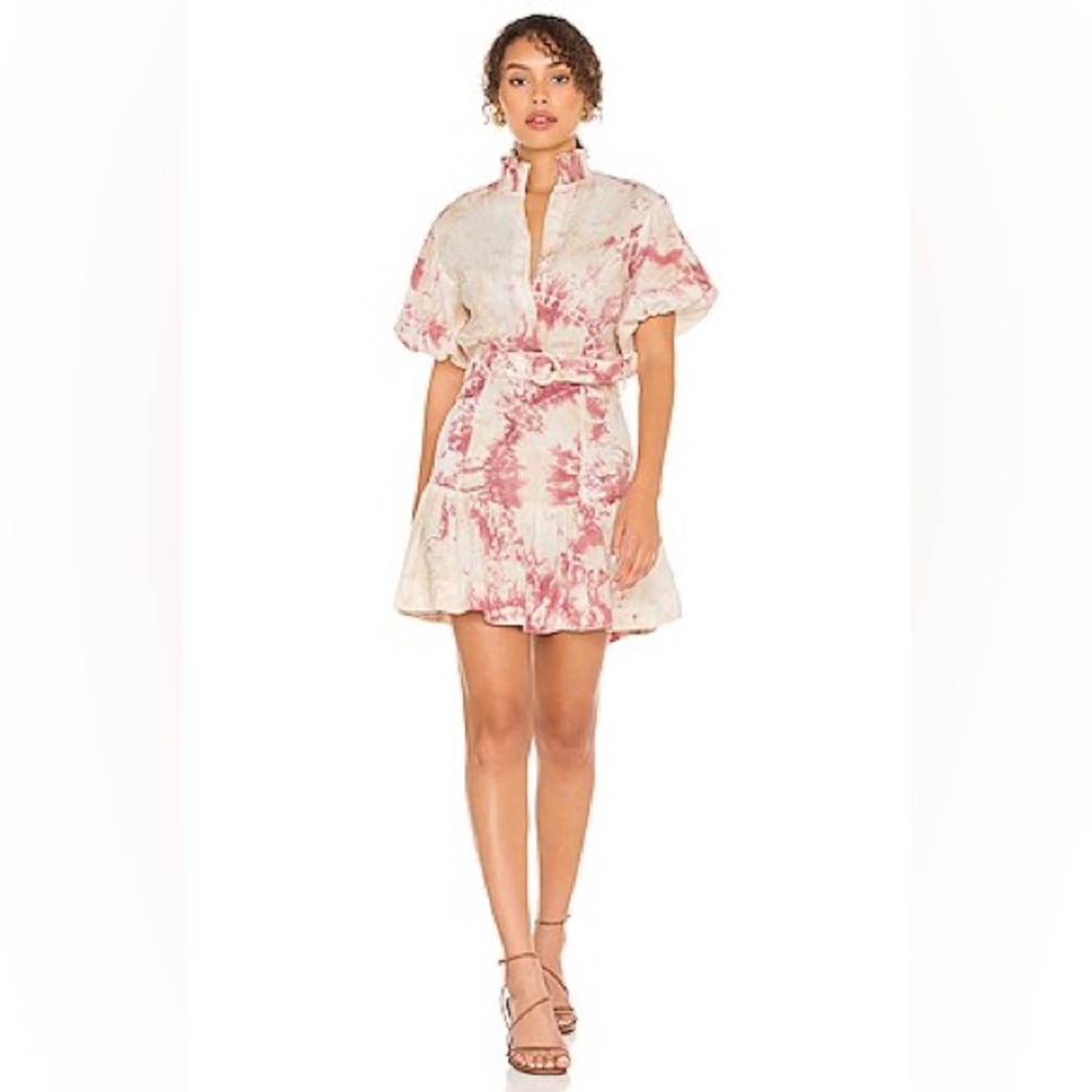 S/W/F Linen Royal Puff Sleeve Mini Shirt Dress XS Tie Dye Smocked Neck No Belt